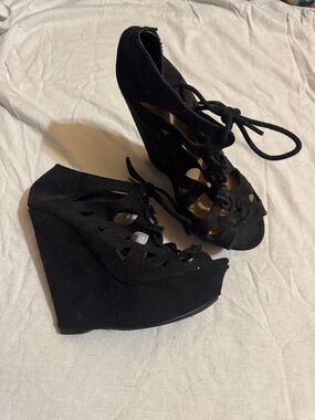 Charlotte Russe Black Lace-Up Cutout Suede Wedge Sandals